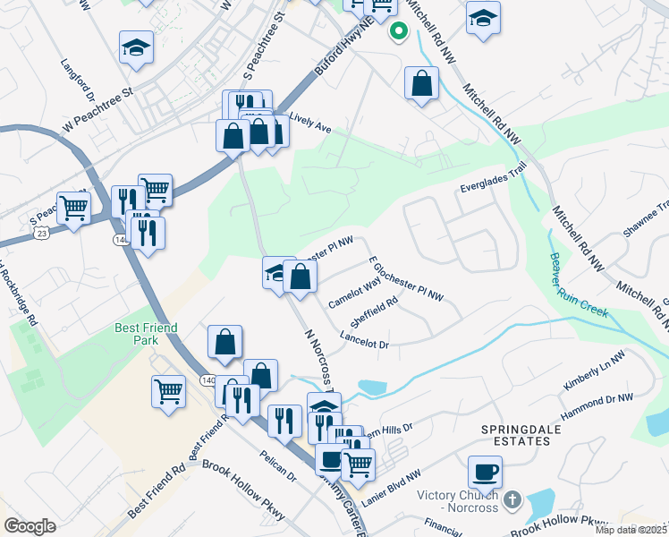 map of restaurants, bars, coffee shops, grocery stores, and more near 691 Winchester Lane in Norcross