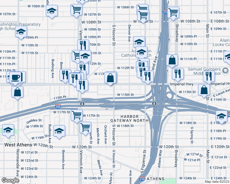 map of restaurants, bars, coffee shops, grocery stores, and more near 11426 South Hoover Street in Los Angeles