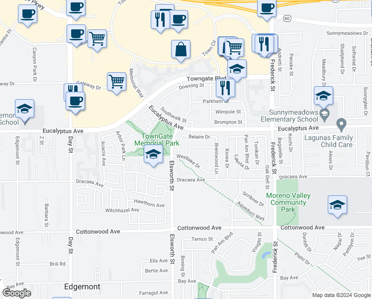 map of restaurants, bars, coffee shops, grocery stores, and more near 13099 Palisade Place in Moreno Valley