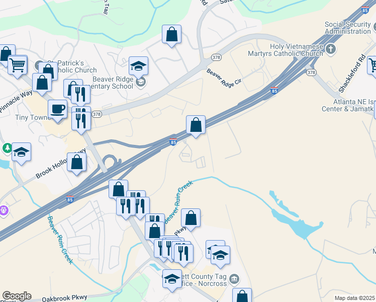 map of restaurants, bars, coffee shops, grocery stores, and more near 316 Willow Trail Drive in Norcross