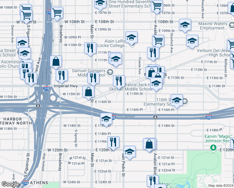 map of restaurants, bars, coffee shops, grocery stores, and more near 252 East Lanzit Avenue in Los Angeles