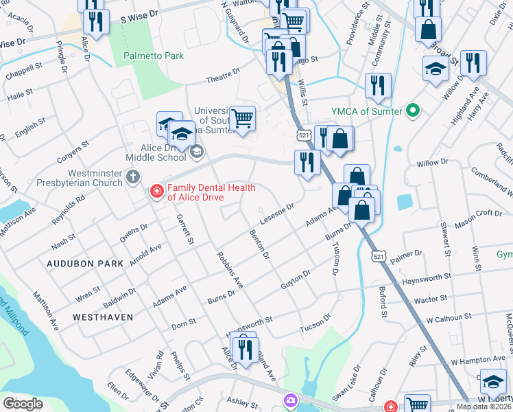 map of restaurants, bars, coffee shops, grocery stores, and more near 10 Pickens Court in Sumter