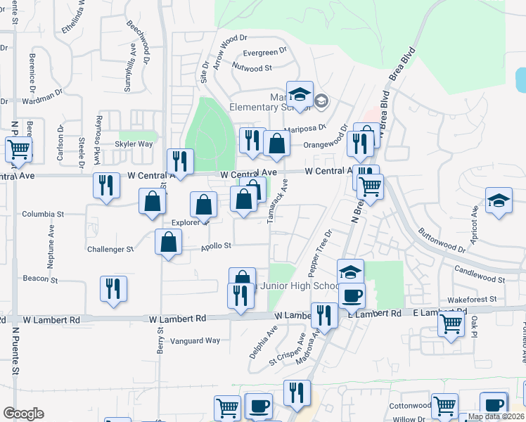 map of restaurants, bars, coffee shops, grocery stores, and more near 411 Atlas Street in Brea