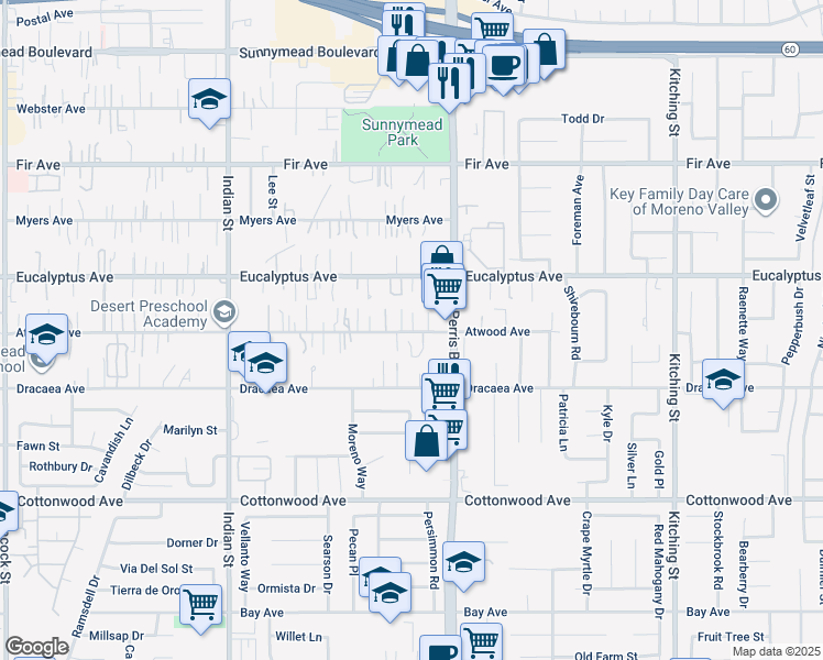 map of restaurants, bars, coffee shops, grocery stores, and more near 24922 Atwood Avenue in Moreno Valley