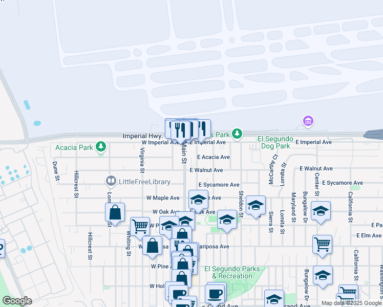 map of restaurants, bars, coffee shops, grocery stores, and more near 945 Pepper Street in El Segundo