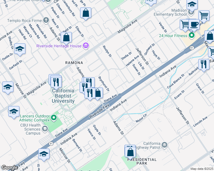map of restaurants, bars, coffee shops, grocery stores, and more near 3551 Brynhurst Drive in Riverside