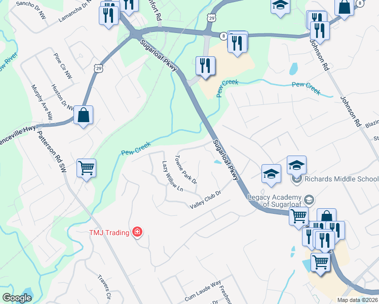 map of restaurants, bars, coffee shops, grocery stores, and more near 96 Towne Park Drive in Lawrenceville