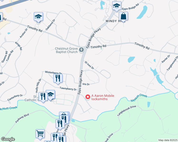 map of restaurants, bars, coffee shops, grocery stores, and more near 40 Iris Drive in Athens