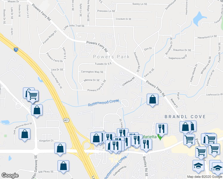 map of restaurants, bars, coffee shops, grocery stores, and more near 2231 Surrey Court in Marietta