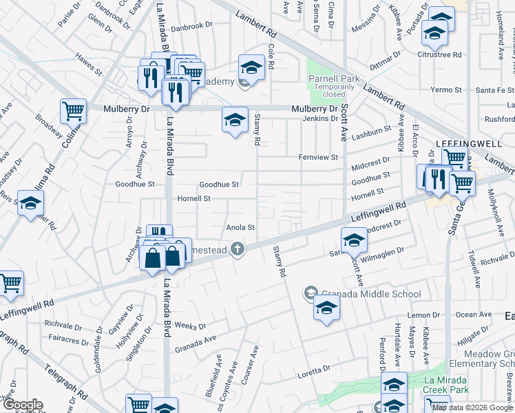 map of restaurants, bars, coffee shops, grocery stores, and more near 11128 Stamy Road in Whittier