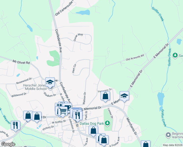 map of restaurants, bars, coffee shops, grocery stores, and more near 156 Watson Drive in Dallas
