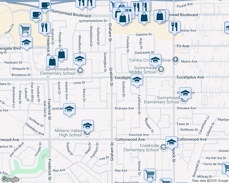 map of restaurants, bars, coffee shops, grocery stores, and more near 13113 Sunlit Court in Moreno Valley