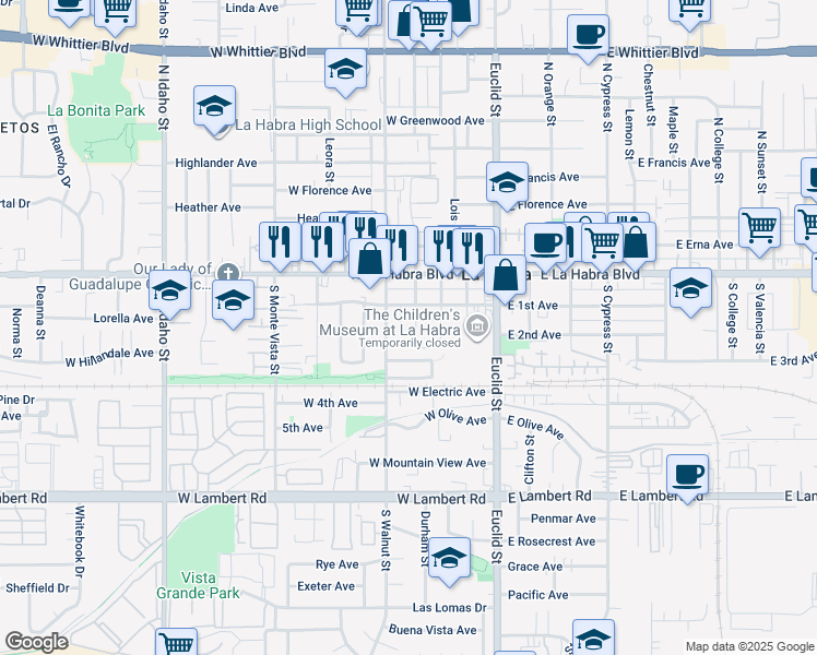 map of restaurants, bars, coffee shops, grocery stores, and more near 221 South Hazel Street in La Habra