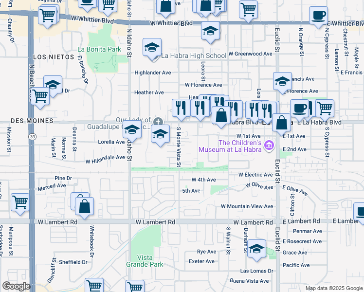 map of restaurants, bars, coffee shops, grocery stores, and more near 280 South Monte Vista Street in La Habra