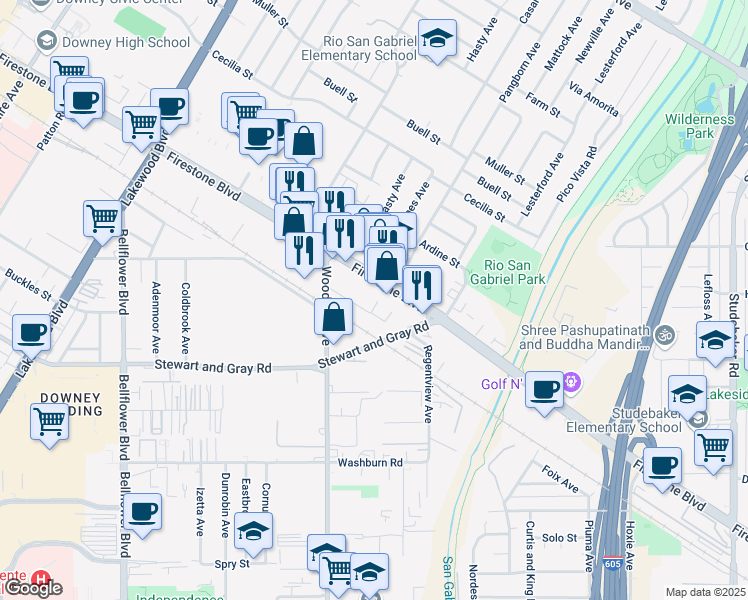 map of restaurants, bars, coffee shops, grocery stores, and more near 11224 Pangborn Avenue in Downey