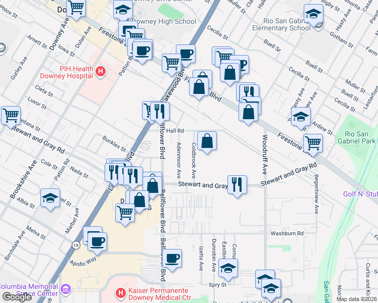 map of restaurants, bars, coffee shops, grocery stores, and more near 11656 Adenmoor Avenue in Downey