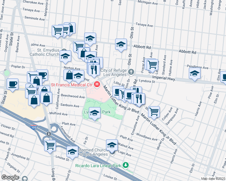 map of restaurants, bars, coffee shops, grocery stores, and more near 3637 Martin Luther King Junior Boulevard in Lynwood