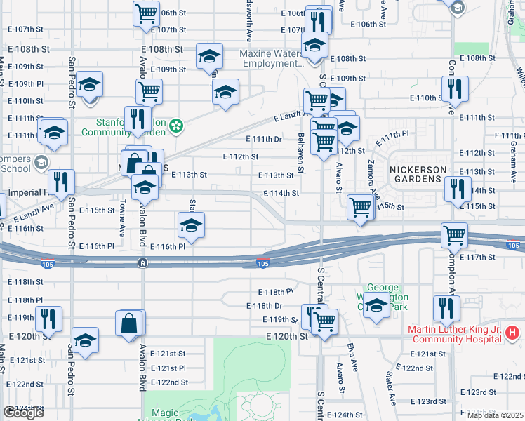 map of restaurants, bars, coffee shops, grocery stores, and more near 11504 Wadsworth Avenue in Los Angeles