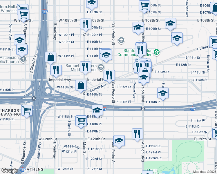 map of restaurants, bars, coffee shops, grocery stores, and more near 252 East Lanzit Avenue in Los Angeles