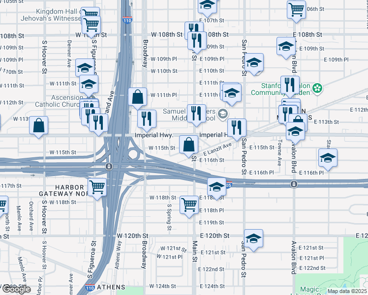 map of restaurants, bars, coffee shops, grocery stores, and more near 122 West 115th Street in Los Angeles
