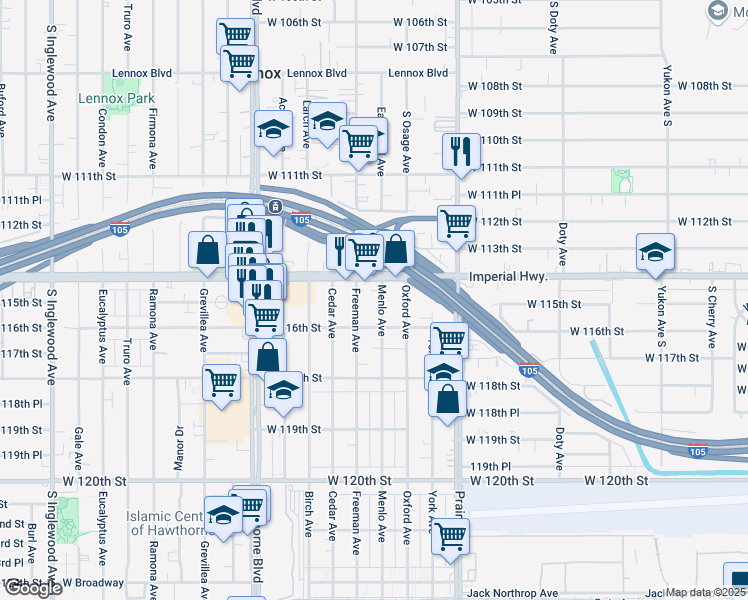 map of restaurants, bars, coffee shops, grocery stores, and more near 11446 Menlo Avenue in Hawthorne