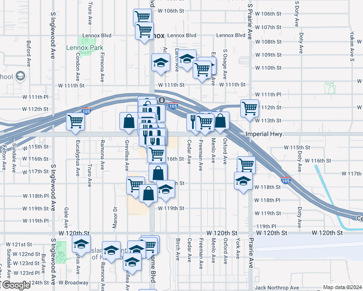 map of restaurants, bars, coffee shops, grocery stores, and more near 11440 Birch Avenue in Hawthorne