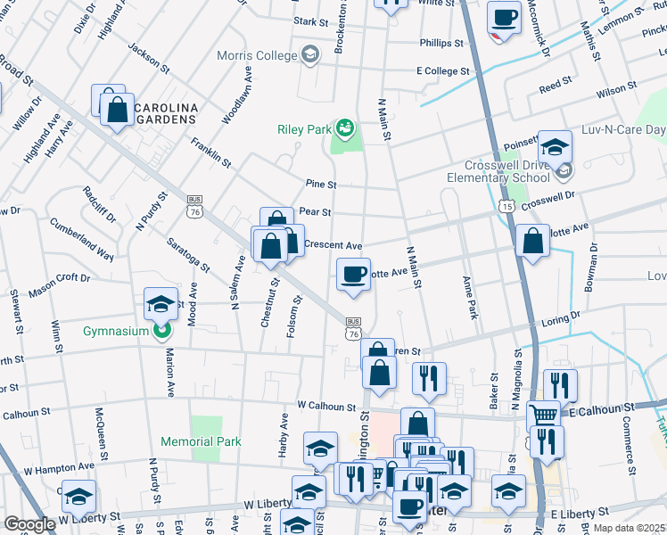 map of restaurants, bars, coffee shops, grocery stores, and more near 45 West Charlotte Avenue in Sumter