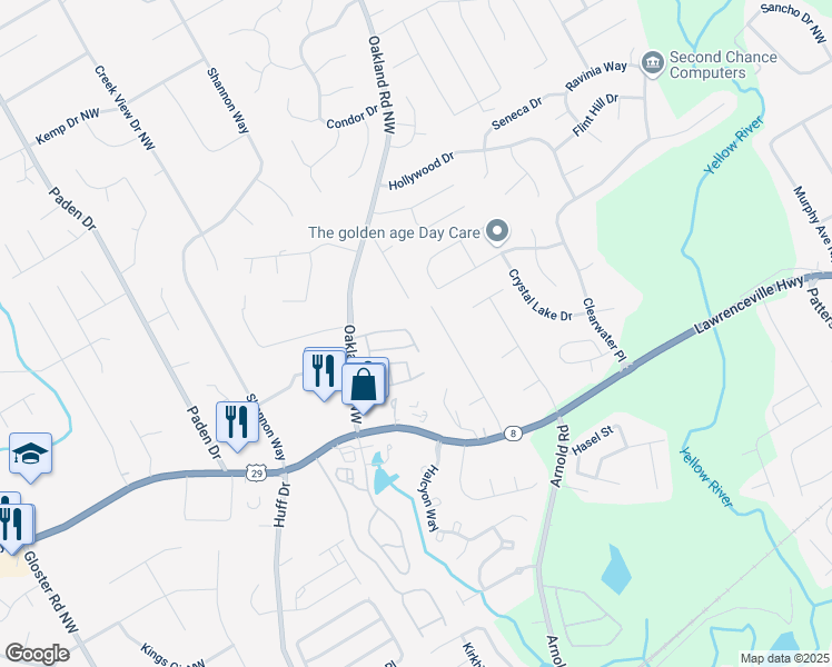 map of restaurants, bars, coffee shops, grocery stores, and more near 319 Oakland Hills Way in Lawrenceville