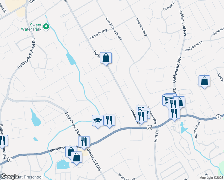 map of restaurants, bars, coffee shops, grocery stores, and more near 2505 Desiree Way Northwest in Lawrenceville
