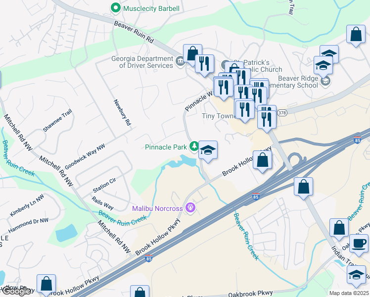 map of restaurants, bars, coffee shops, grocery stores, and more near 500 Pinnacle Way in Norcross