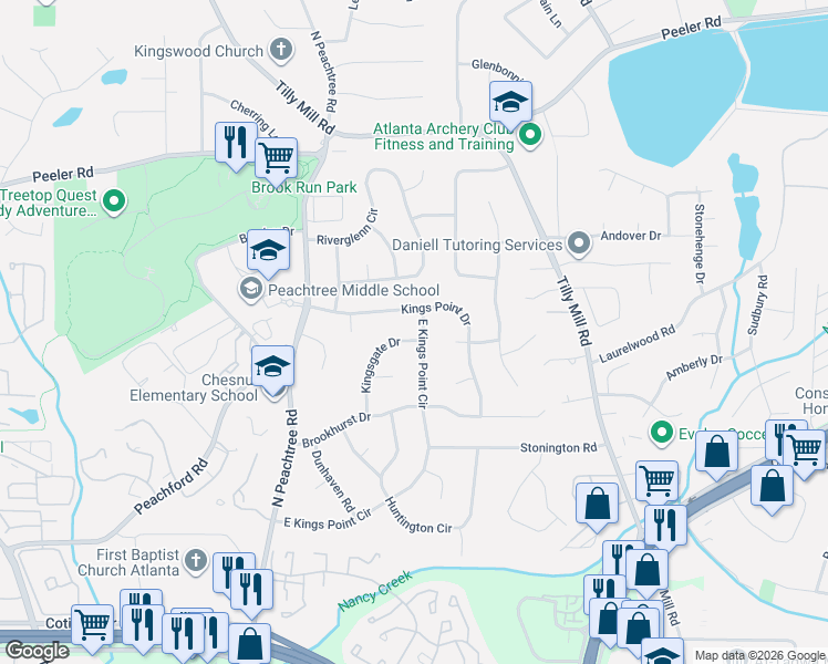map of restaurants, bars, coffee shops, grocery stores, and more near 4596 Kingsgate Drive in Dunwoody