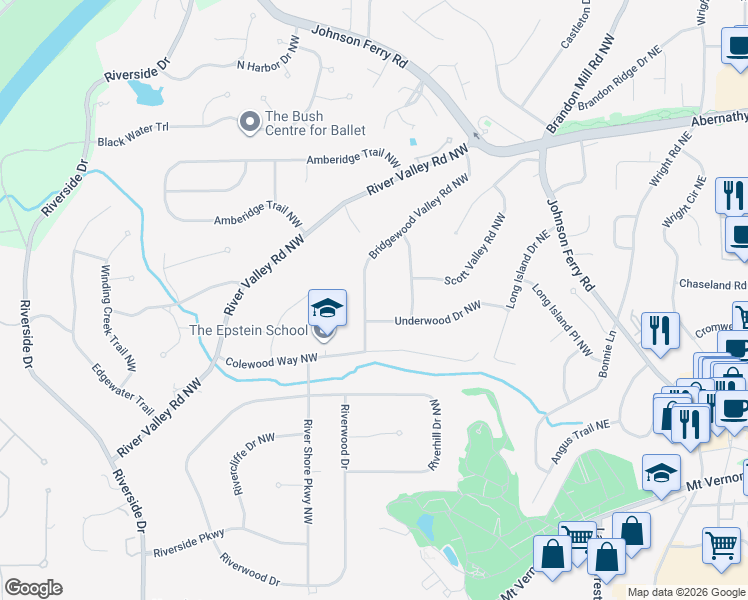map of restaurants, bars, coffee shops, grocery stores, and more near 6405 Bridgewood Valley Road Northwest in Atlanta