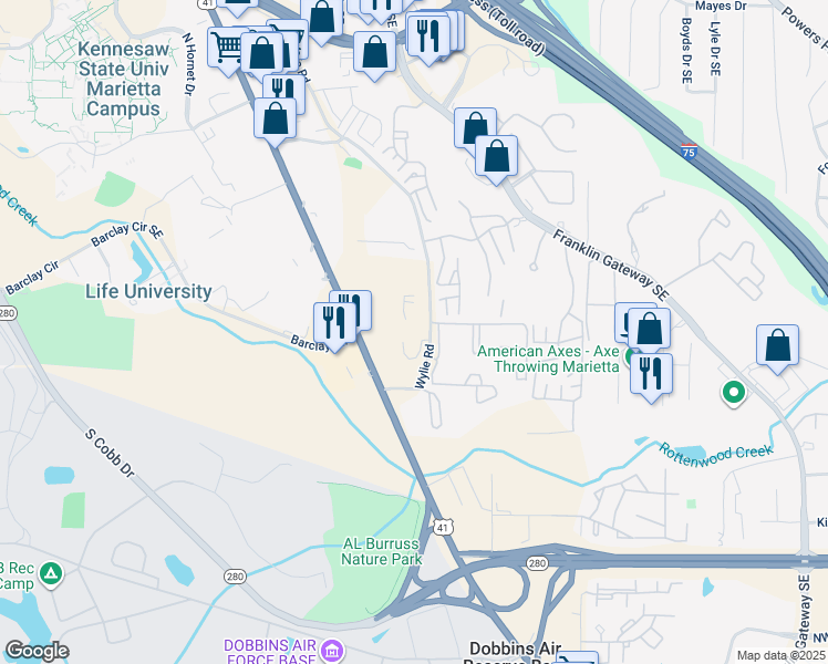 map of restaurants, bars, coffee shops, grocery stores, and more near 900 Wylie Road in Marietta