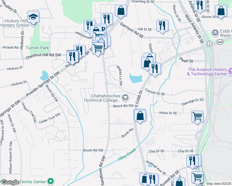 map of restaurants, bars, coffee shops, grocery stores, and more near 551-675 Haven Drive Southwest in Marietta