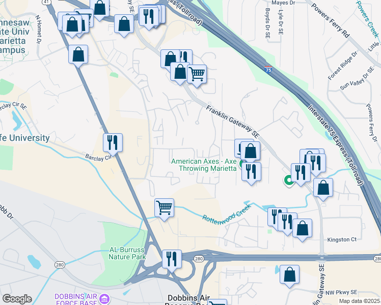 map of restaurants, bars, coffee shops, grocery stores, and more near 1226 Penny Lane Southeast in Marietta
