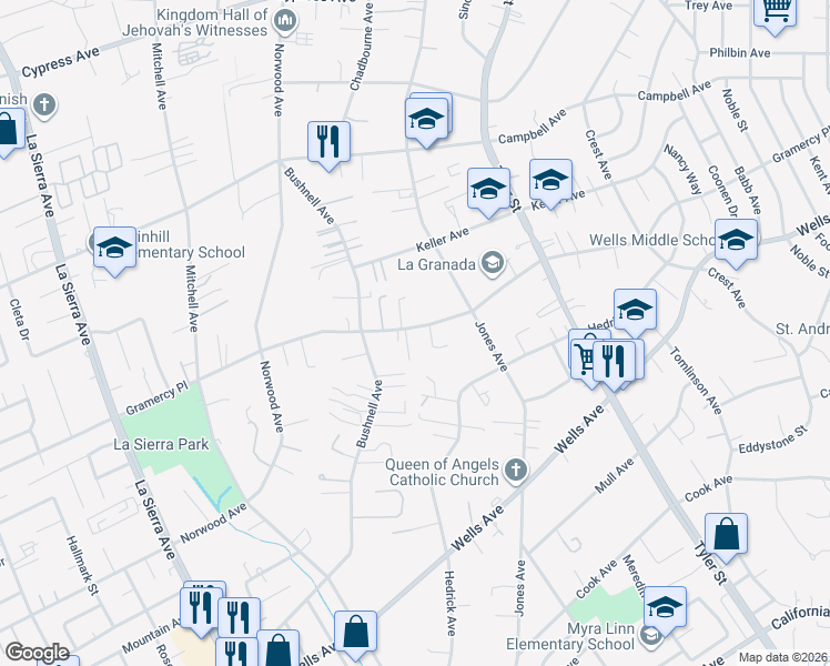map of restaurants, bars, coffee shops, grocery stores, and more near 10450 Gramercy Place in Riverside