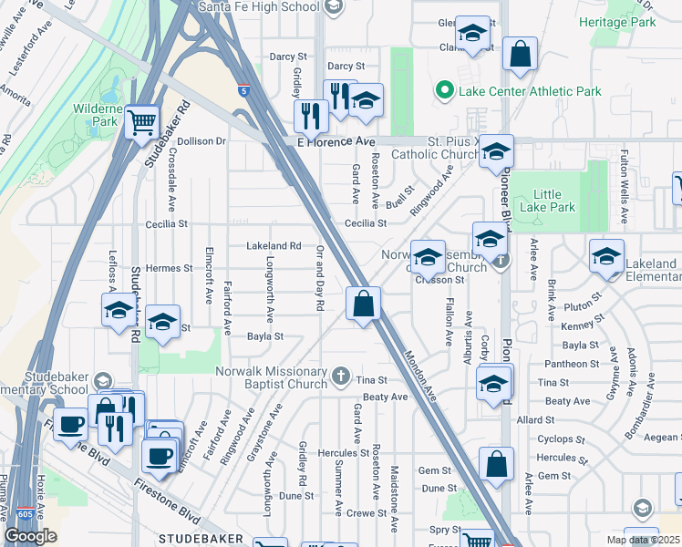 map of restaurants, bars, coffee shops, grocery stores, and more near 11460 Cresson Street in Norwalk