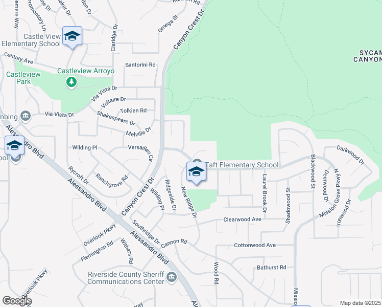 map of restaurants, bars, coffee shops, grocery stores, and more near 6631 New Ridge Drive in Riverside