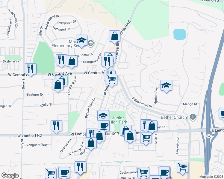 map of restaurants, bars, coffee shops, grocery stores, and more near 710 North Brea Boulevard in Brea