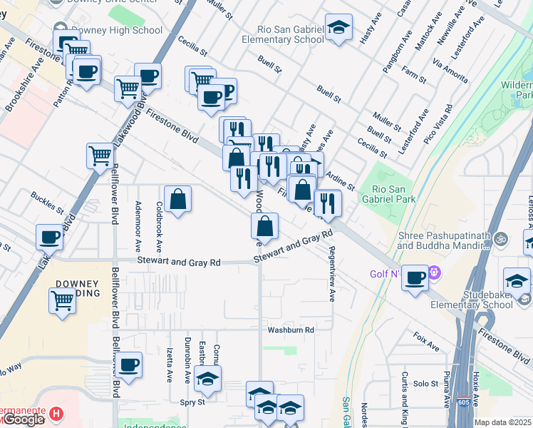 map of restaurants, bars, coffee shops, grocery stores, and more near 9412 Nance Street in Downey
