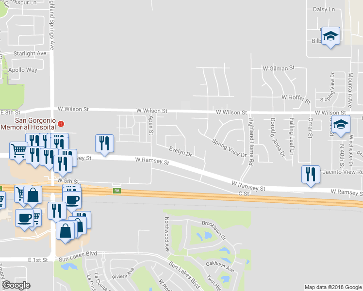 map of restaurants, bars, coffee shops, grocery stores, and more near 217 Beverly Drive in Banning
