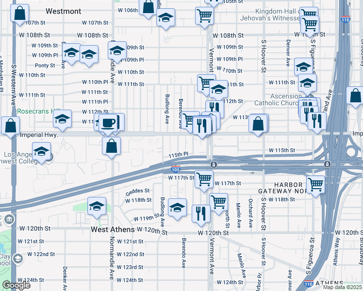 map of restaurants, bars, coffee shops, grocery stores, and more near 11426 Berendo Avenue in Los Angeles