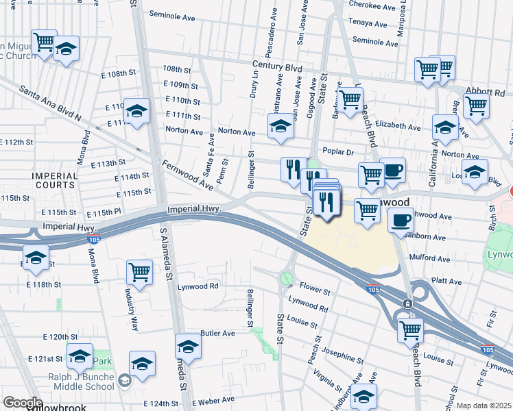 map of restaurants, bars, coffee shops, grocery stores, and more near 2909 Beechwood Avenue in Lynwood