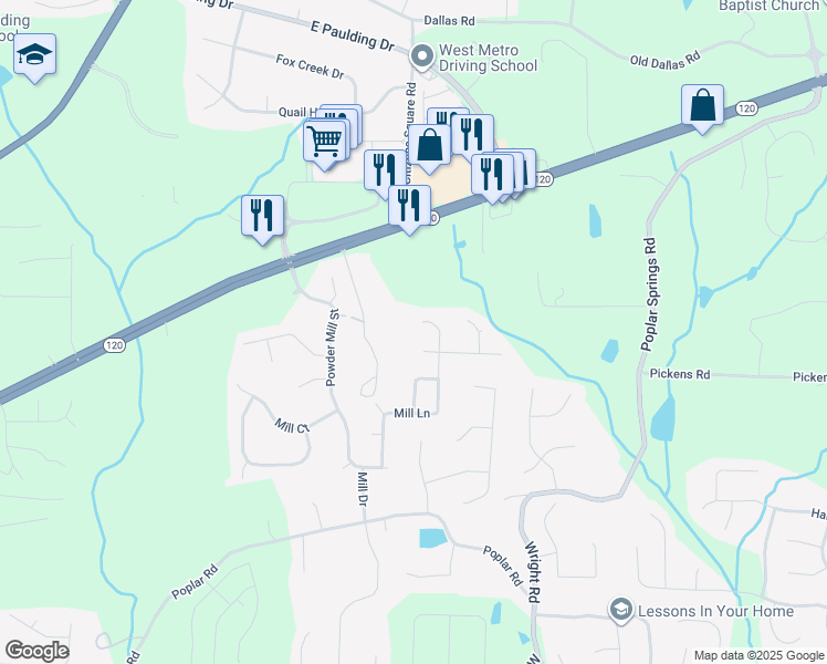 map of restaurants, bars, coffee shops, grocery stores, and more near 483 Mill Lane in Dallas