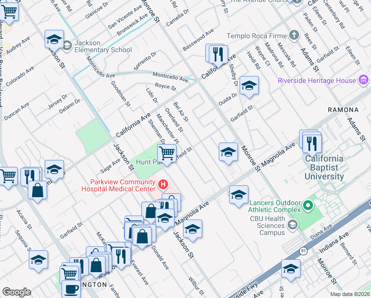 map of restaurants, bars, coffee shops, grocery stores, and more near 4011 Manchester Place in Riverside