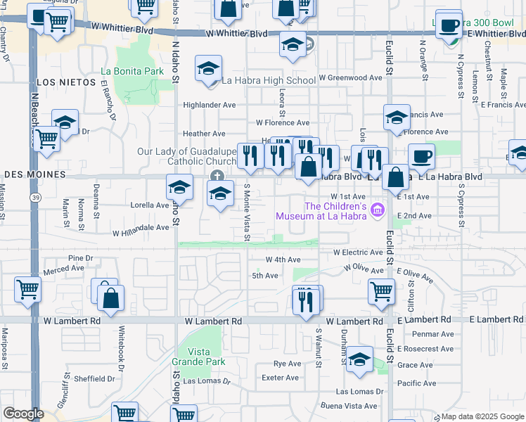 map of restaurants, bars, coffee shops, grocery stores, and more near 280 South Monte Vista Street in La Habra