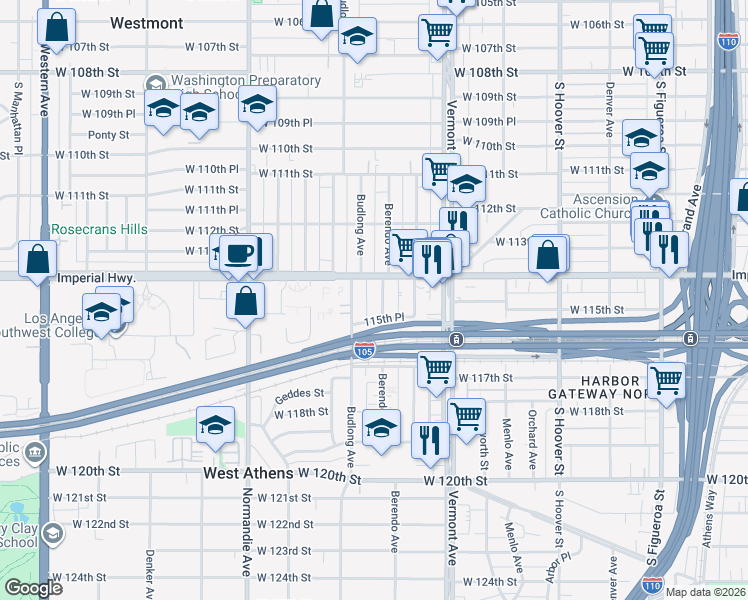 map of restaurants, bars, coffee shops, grocery stores, and more near 11429 Berendo Avenue in Los Angeles