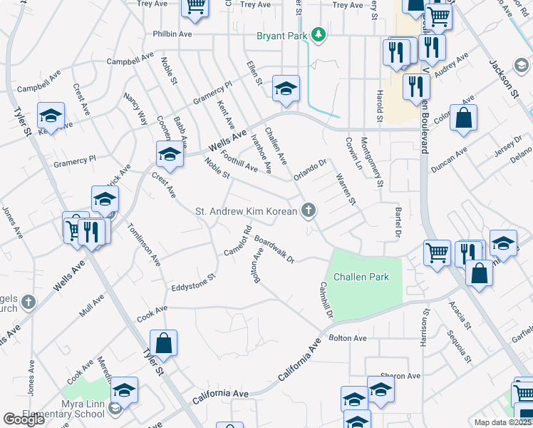 map of restaurants, bars, coffee shops, grocery stores, and more near 4986 Redrock Avenue in Riverside