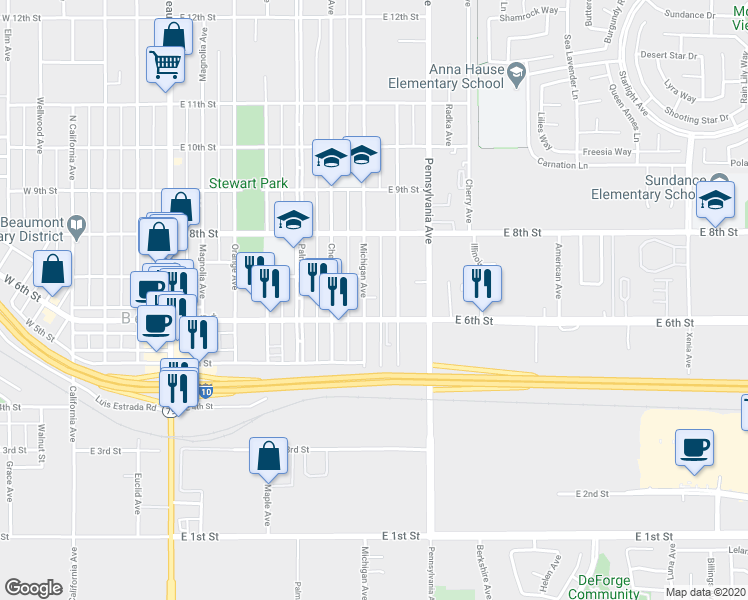 map of restaurants, bars, coffee shops, grocery stores, and more near 638 Michigan Ave in Beaumont