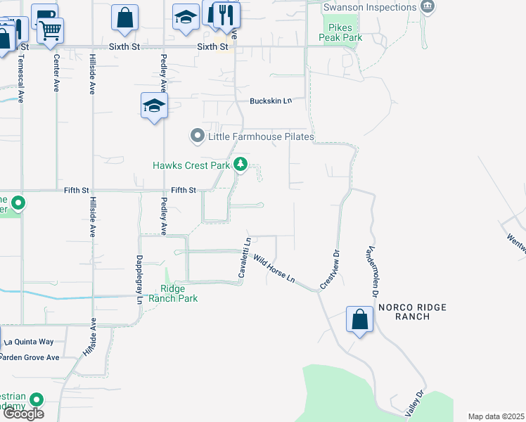 map of restaurants, bars, coffee shops, grocery stores, and more near 216 Pompano Place in Norco